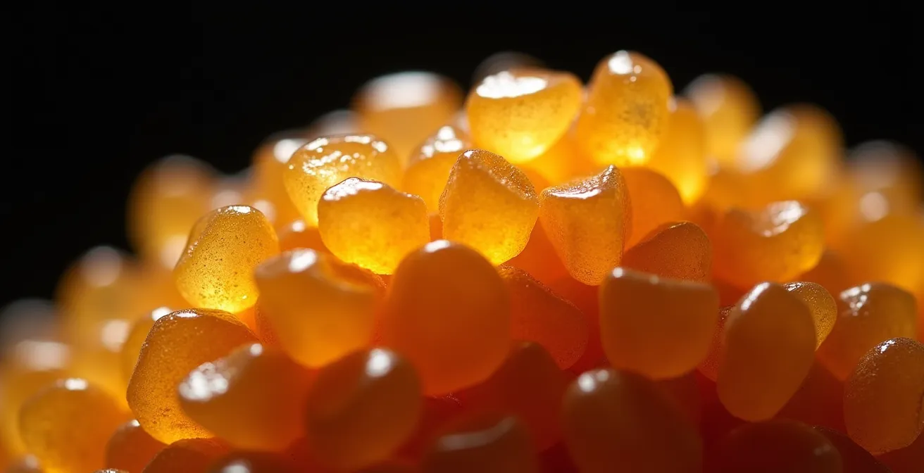 Détail macro d'une texture de fourrage croquant avec éclats dorés