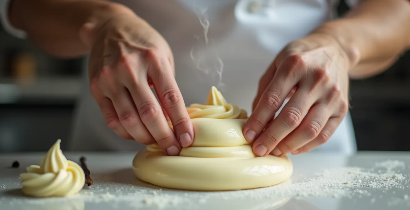 Mains de pâtissier incorporant délicatement une crème infusée dans un gâteau