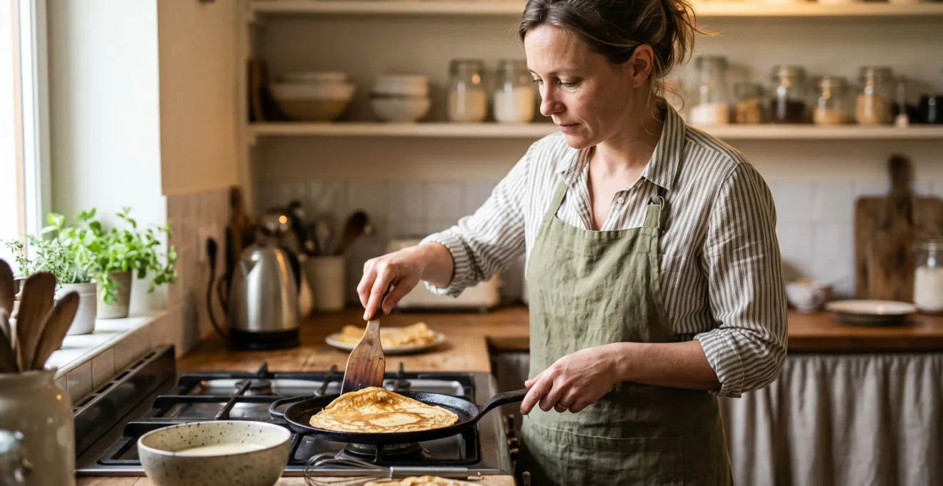 Personne en train de faire cuire une crêpe dorée dans une poêle sur une cuisinière domestique