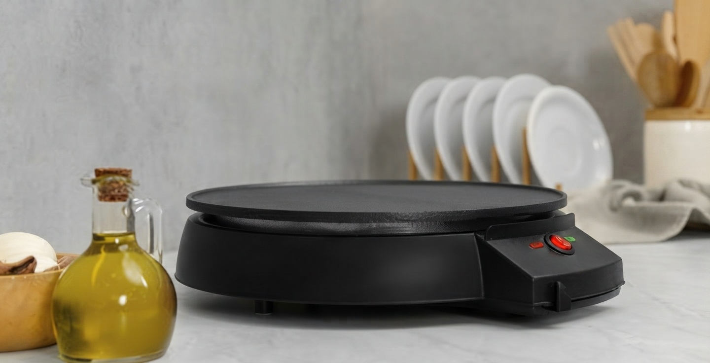 Main utilisant un pinceau pour beurrer une poêle à crêpes en fonte posée sur une cuisinière à gaz