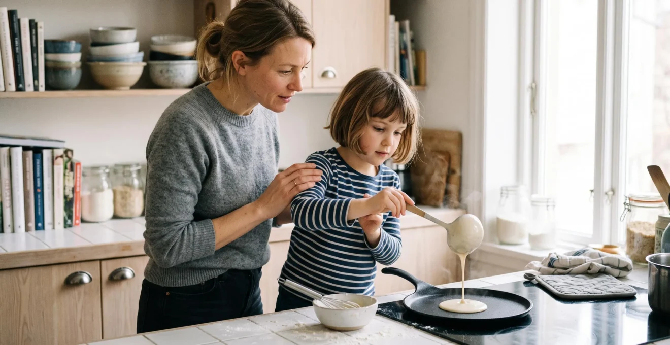 Parent et enfant préparant ensemble des crêpes dans une cuisine, l'enfant versant de la pâte dans une poêle