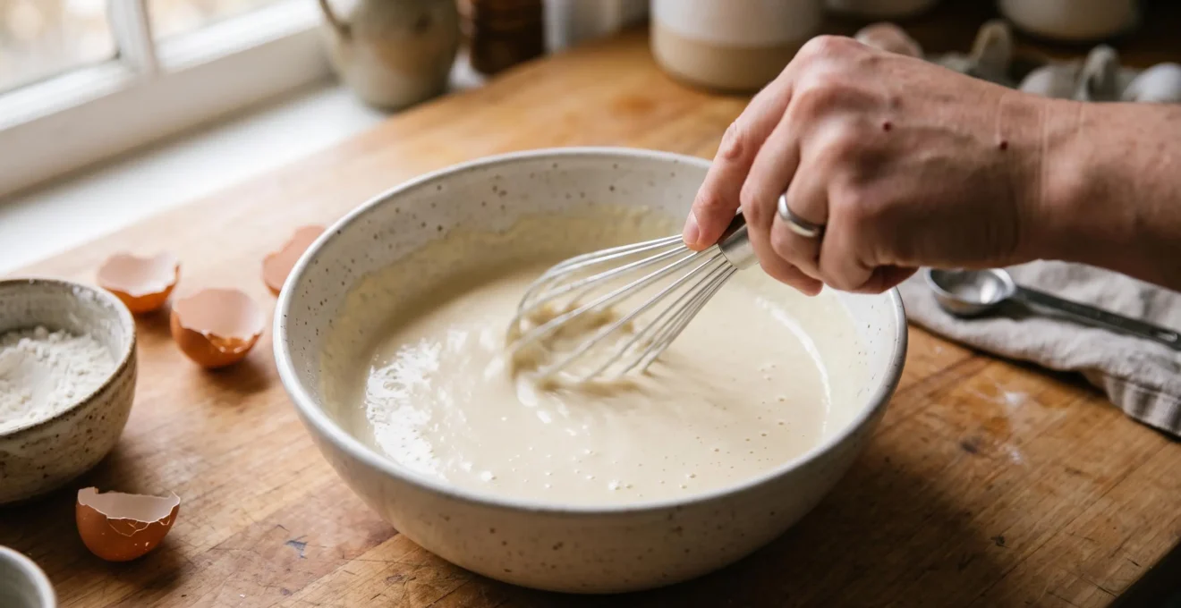 Main tenant un fouet en train de mélanger de la pâte à crêpes dans un bol sur un plan de travail